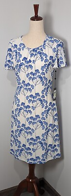 #ad NWT Tommy Hilfiger Dress White amp; Blue Floral Elegant Short Sleeves Midi Size M $17.99