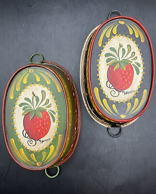 Tole Hand Painted Metal Decorative Baskets Signed Strawberry 5” Set Of 2 $15.50