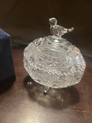 #ad Vintage Cut Crystal Round Heavy Covered Decorative Candy Dish Footed $22.00