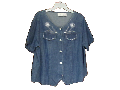#ad Susan Bristol Embroidered Blue Jean Top Shirt 1W Short Sleeves Dandelion 18 20 $29.99