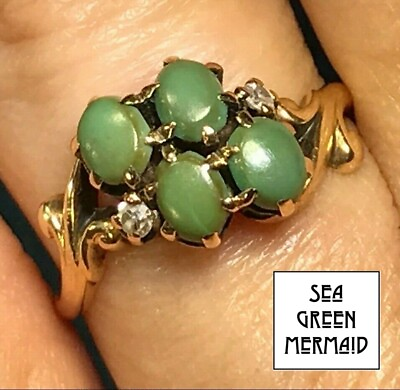 #ad 14k Yellow Rose Gold Cluster Ring w Jade amp; Diamond Accents ts40 19 $229.00