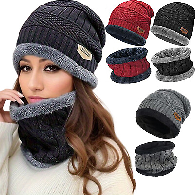 #ad Mens Womens Winter Beanie Hat Scarf Set Warm Knit Thick Fleece Lined Cap Warmer $9.79