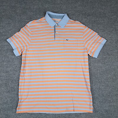 #ad Vineyard Vines Polo Shirt Mens Size Medium Short Sleeve Blue Orange Stripes Golf $13.55