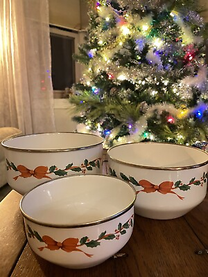 #ad Set of 3 Enamel Nesting Bowls Serving Storage Christmas BOWS IVY Mixing $24.99