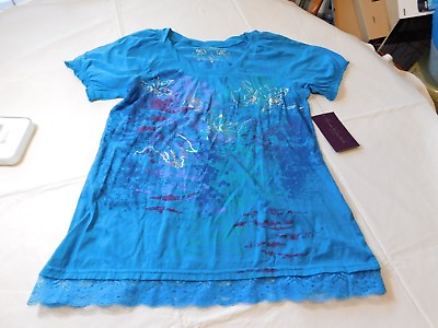 #ad Gloria Vanderbilt womens missy short sleeve Shirt S small turquoise blue floral $18.71