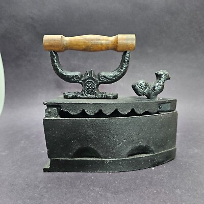 #ad Vintage Cast Iron Coal Iron With Wooden Handle Antikes Kohle Bügeleisen $40.00