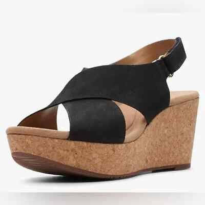 #ad New Clarks Women#x27;s Annadel Eirwyn Nubuck Leather Wedge Sandals in Black Size 12W $65.00