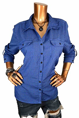 #ad Notations L Top Polka Squares Low V Cut Button Up Shirt Black Blue Long Sleeves $15.99