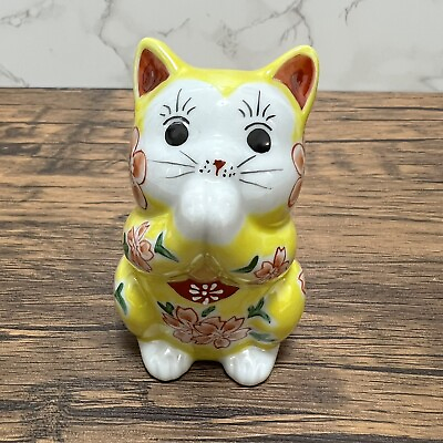 #ad Maneki Neko Beckoning Lucky Cat Praying Cat Kutani Ware Yellow Good Luck $83.12