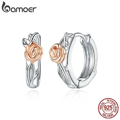 #ad BAMOER Authentic S925 Sterling Silver Earrings Pave CZ Rose gold Vine For Women $14.83