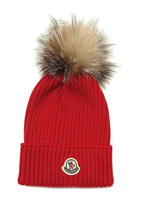 #ad Moncler Berretto Knit Cap Real Fur Pom Rib L Red Hat Headwear Women $282.99