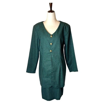 #ad Betsy#x27;s Things Vintage Green Plaid Cotton One Piece Gold Button Dress Size 14 $30.53