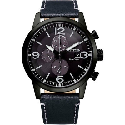 #ad Citizen Men#x27;s Eco Drive Black Chronograph Calendar Leather Watch 43MM CA0745 29E $109.99