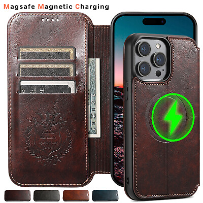 #ad For iPhone 15 Pro Max 14 13 12 Pro Mag Safe Luxury Leather Wallet Card Flip Case $9.49