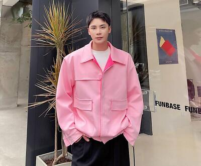 #ad Men#x27;s Autumn Fashion Lapel Long Sleeve Loose Jackets Youth Casual Pink Coats $64.16