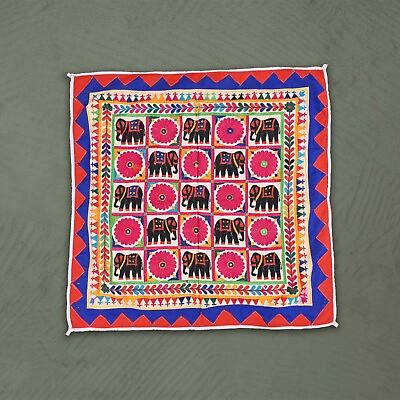 Cotton Mirror Work Elephant Wall Hanging Vintage Embroidery Tapestry 2.8x2.8 ft $64.16
