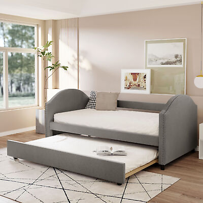 #ad Upholstered Full Daybed with Twin Trundle Day Bed Sofa Bed Furniture Wood Slat $474.99