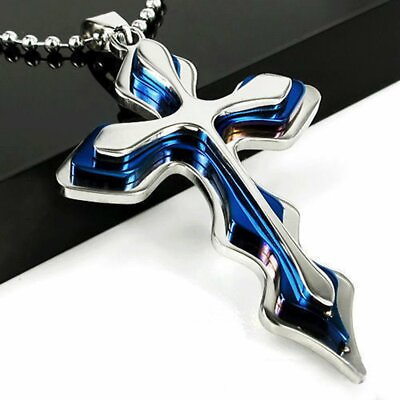Cross Pendant Necklace Silver Stainless Steel Unisex#x27;s Chain Crucifix Men Women $4.29
