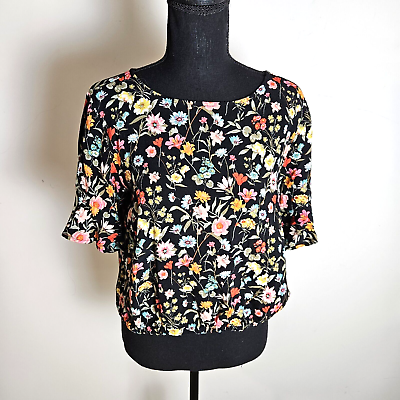 #ad Loft Shirt Womens Small S Floral Elastic Hem Ruffle Sleeve Spring Boho Relaxed $18.99