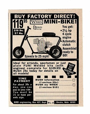 #ad 1965 WREN Mini Bike Kit BIRD Engineering Vintage Print Ad 1 $8.95