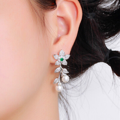 #ad Silver Plated Flower Drop Earrings Women White Pearl Cubic Zircon Bridal Jewelry $8.14