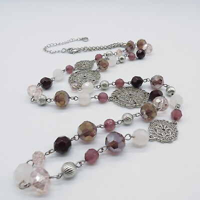 Cato Women Beaded Necklace 36quot; Pink Silver Tone Scrolls Boho Fashion Necklace $12.99