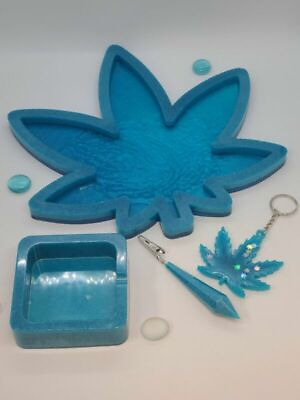 #ad Turquoise 10quot; Leaf Smoke Resin Vanity Tray Set 4 Piece $50.00