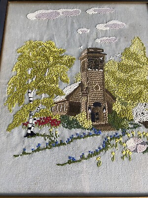 Antique Needlework Piece Serene Cottage Trees Early 1900s Embroidery Yarn $89.00