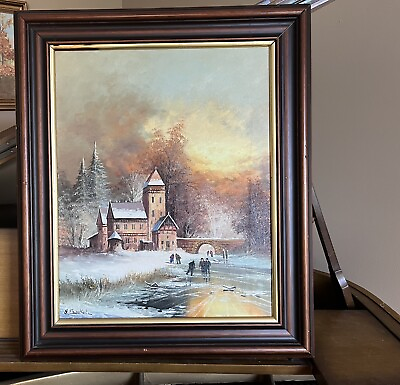 #ad Antique Signed Gunter Seekatz Oil Painting Early 20th Century Frame Winter Scene $220.00