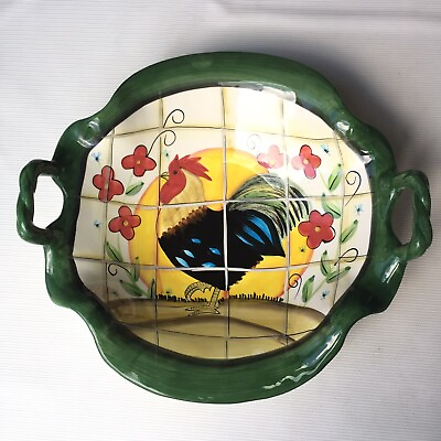 #ad Rooster Art Serving Bowl Floral Flower Sunrise Handles Pottery Farmhouse Country $14.55