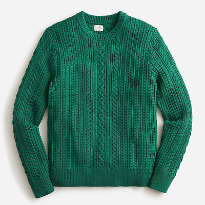 #ad NWT $118 J Crew Cotton Cable Knit Crewneck Fisherman Sweater Deep Alpine Green $69.99