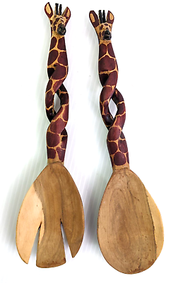 #ad Vintage Carved Wood Kitchen Art Spoon Fork Giraffe Africa style 16quot; Big $24.95