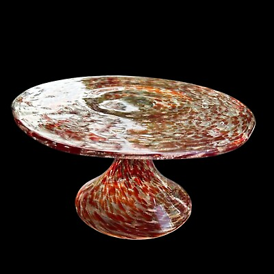 Large Murano Glass Cake Stand With An Organic Round Shape Featuring Red Orange $145.75