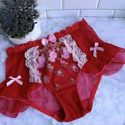 #ad Red Lady High Waist Panties Briefs Embroidery Bow Ruffles Mesh Underwear Knicker $13.34