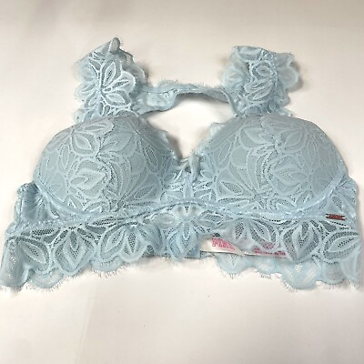 #ad PINK Victorias Secret Small Date Pushup Bralette Bra Blue Floral Lace #0419 $17.97