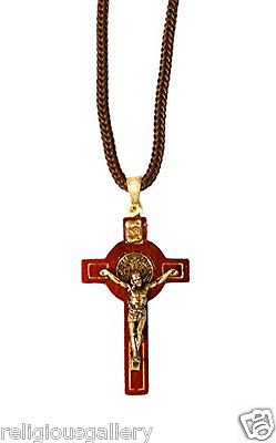Saint Benedict Crucifix Cross Wood Catholic Religious Pendant Rope Necklace1.5quot; $13.99