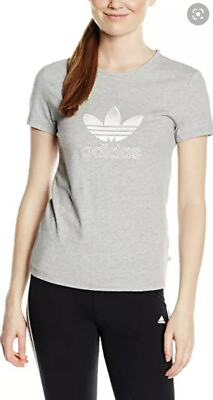 Women#x27;s adidas Short Sleeve Slim T Shirt Tee Embroidered Trefoil Grey S19754 #ad $22.86