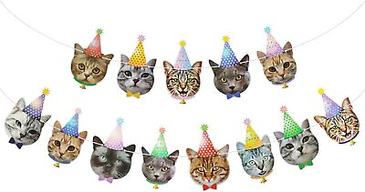 #ad Cat Happy Birthday Banner Photographic Cat Faces Birthday Garland Party Bunti $30.09