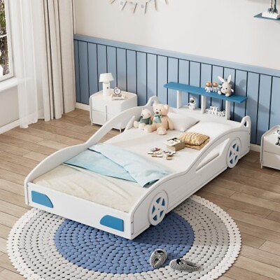 #ad Car Shaped Platform Bed with Wheels Wood Bed Frames Twin Size Kids Bed Furniture $239.99
