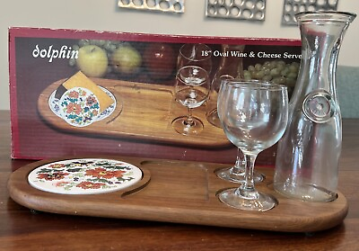 #ad DOLPHIN 18” RETRO TEAK OVAL WINE AND CHEESE SERVER SET 4 PIECE W BOX FLORAL TL $19.99
