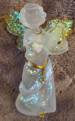 #ad Vintage Frosted Glitter Plastic Angel Playing Instrument Ornament 3.5quot; $12.22