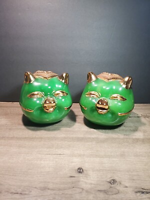 #ad Vintage Pair Composite Jade Like Chinese Themed Green Gold Pig Piggy Bank $49.95