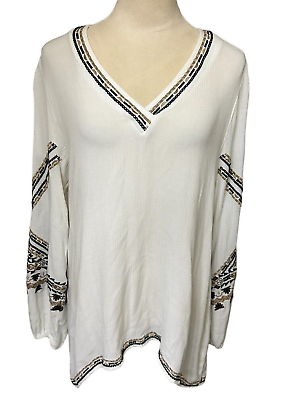 #ad Soft Surroundings Womens White Tunic Top Embroidered Bishop Sleeve V Neck XL $19.95