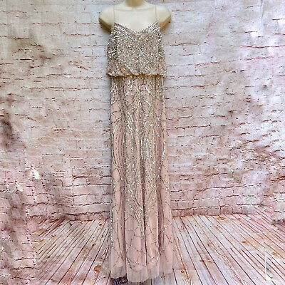 Adrianna Papell Sz 6 Pink Silver Beaded Maxi Dress Spaghetti Straps Gown Sparkly $32.50