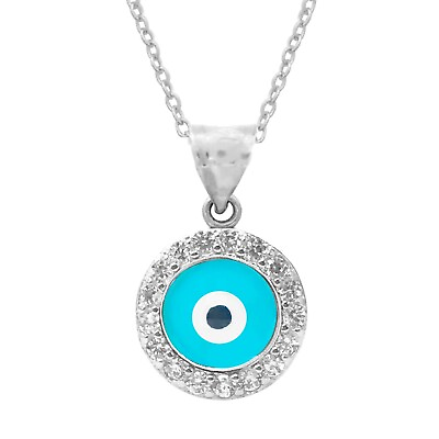 #ad Sterling Silver Small Round Evil Eye Cubic Zirconia Pendant Necklace 18 Inches $20.49
