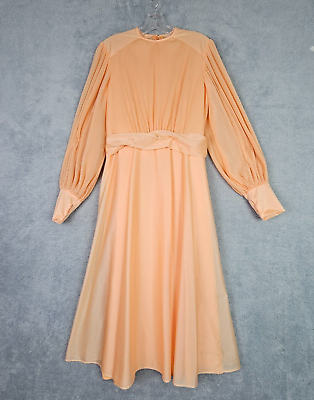 #ad Vtg 70s Womens Maxi Dress M Peach Victorian Puff Sleeve Zip Micro Pleat Belted $85.00
