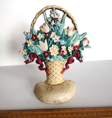 #ad Antique Vintage Cast Iron Hubley? Flower Basket Doorstop *8.25quot; $79.99