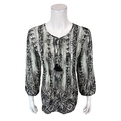 Belle by Kim Gravel Women#x27;s Printed Pintuck Top with Tassels Neutral Medium Size $20.00