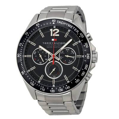 Tommy Hilfiger 1791104 Men#x27;s Silver Stainless Steel Black Dial Watch 46mm $135.00