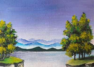 #ad ACEO ORIGINAL ACRYLIC on canvas NAIVE LANDSCAPE TREE Lake Painting MINIATURE ART $22.99